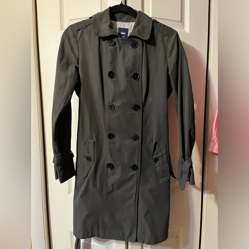 Gap Women’s Short Trench Coat. Classic Style Button Belt Green Size Small - Picture 4 of 13